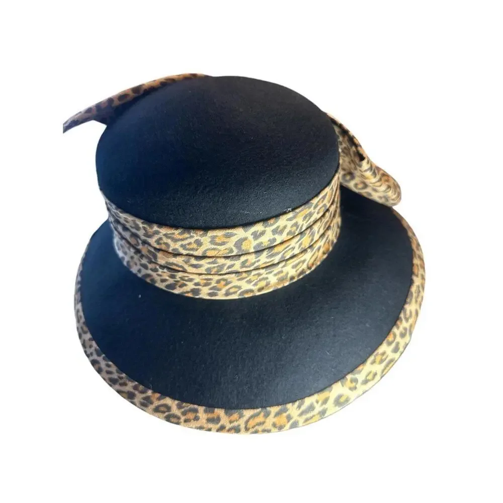 Womens Vintage ELLIE Black Hat 100% Wool Decoreted Natural satin bow